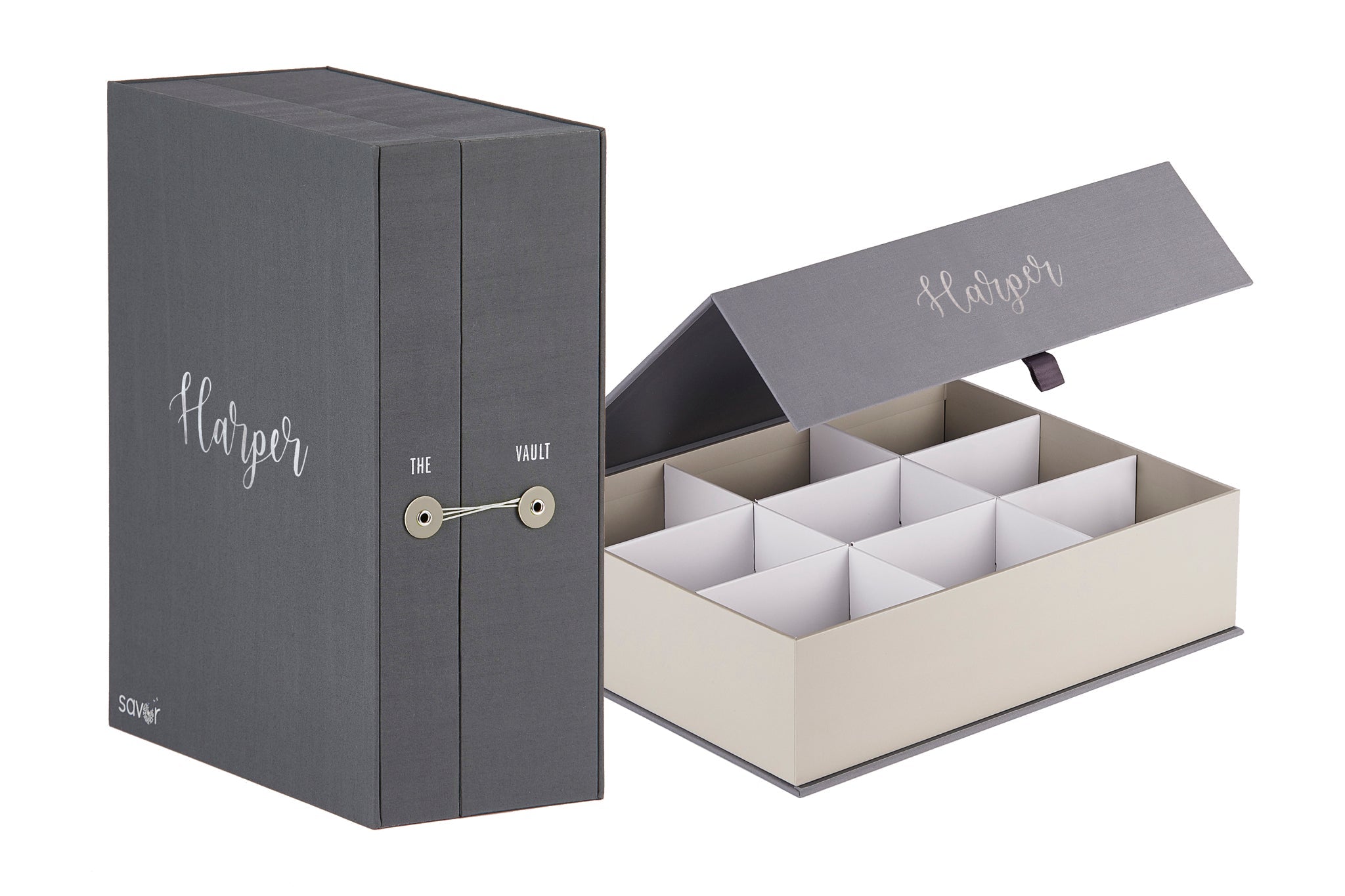 closed slate baby keepsake box next to open slate overflow box. Both personalized with harper