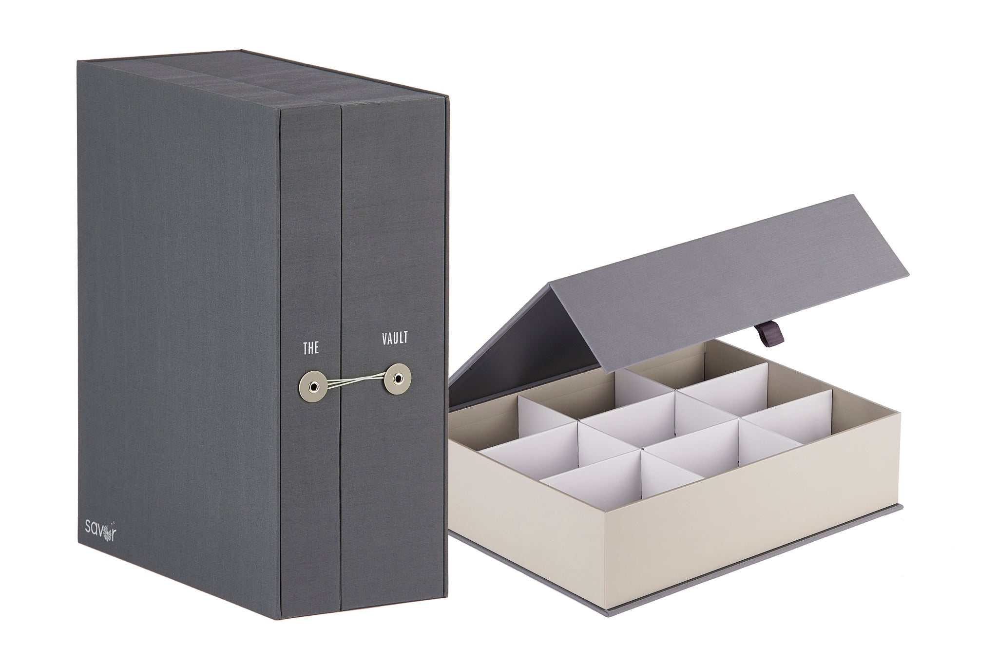 closed slate baby keepsake box next to open slate overflow box.
