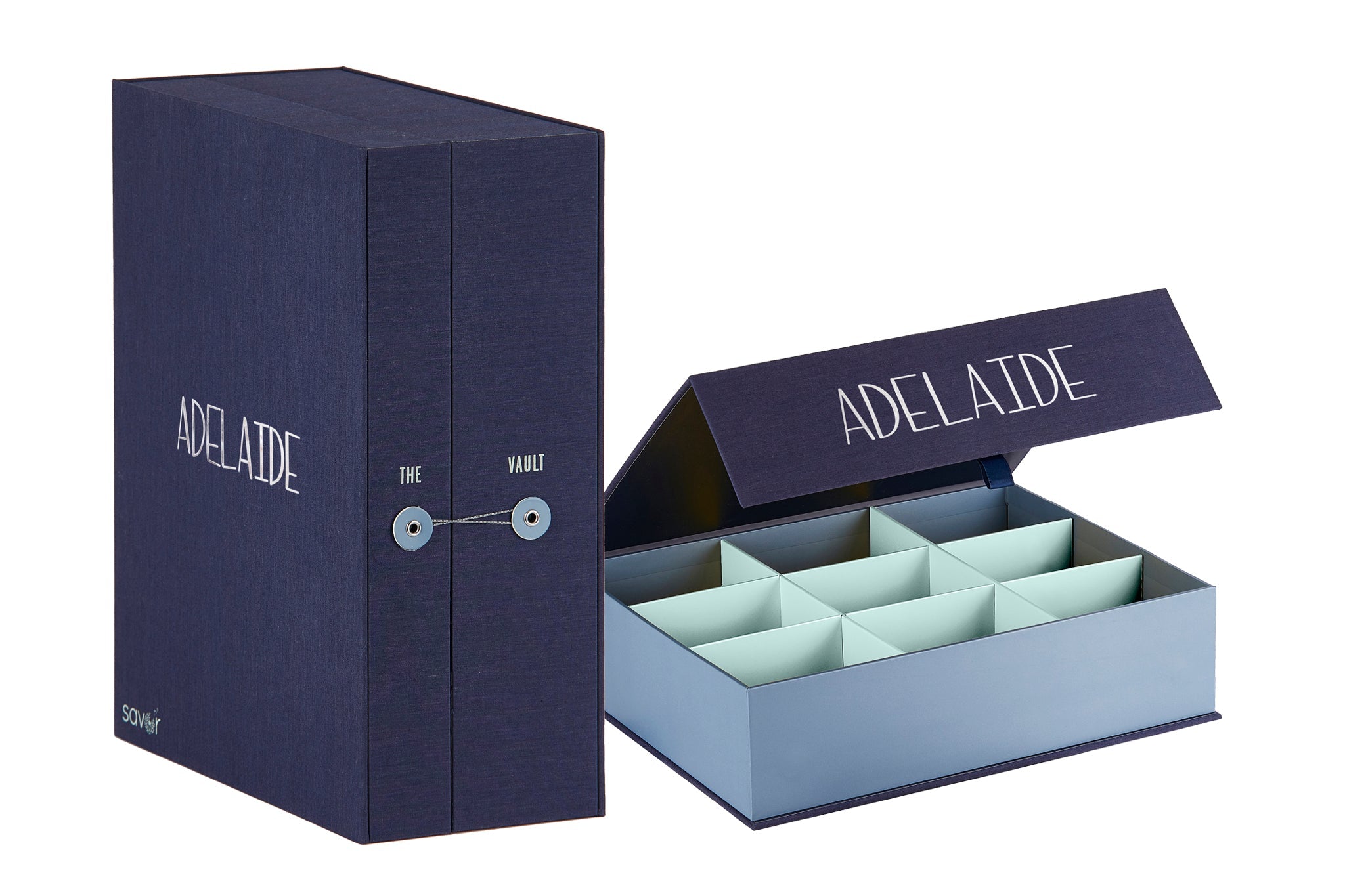 closed something blue baby keepsake box next to open slate overflow box. Both personalized with adelaide.