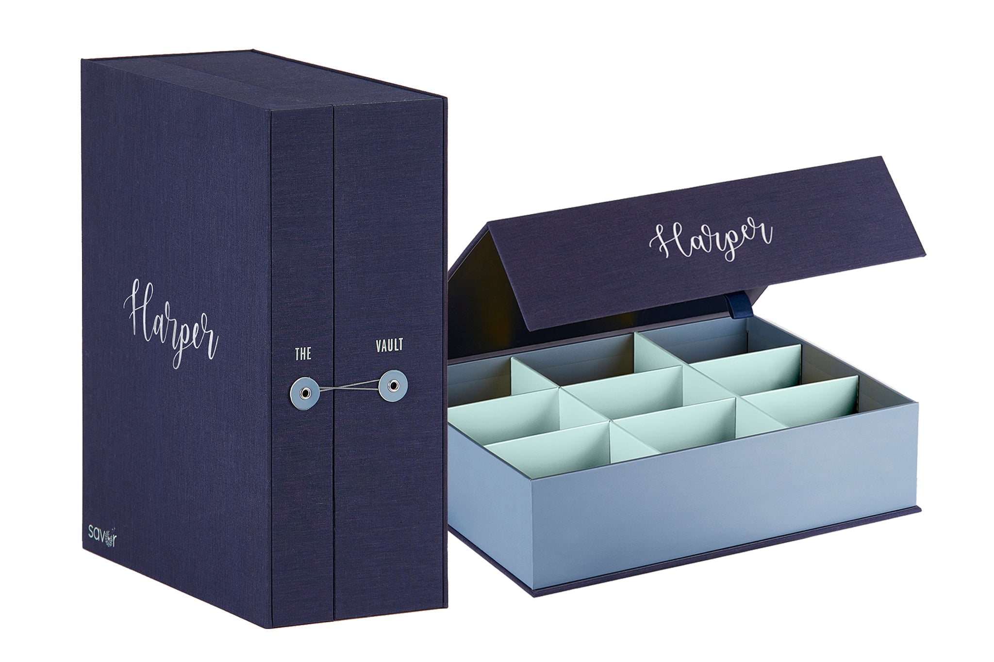 closed something blue baby keepsake box next to open slate overflow box. Both personalized with harper