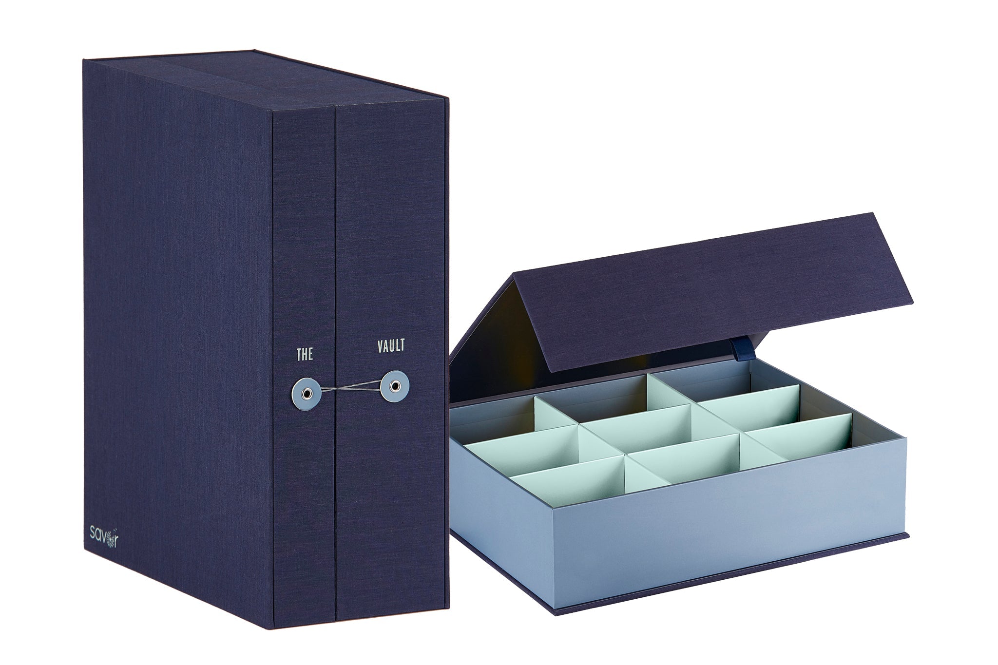 closed something blue baby keepsake box next to open slate overflow box.