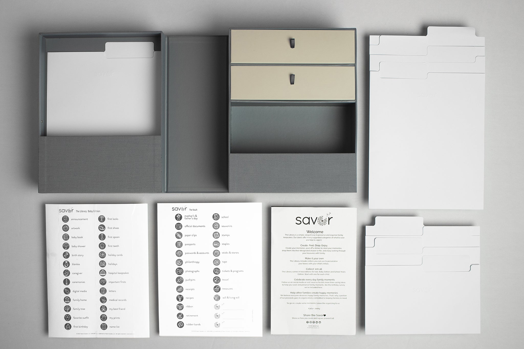 Birdseye, slate keepsake box laid out with folders and labels