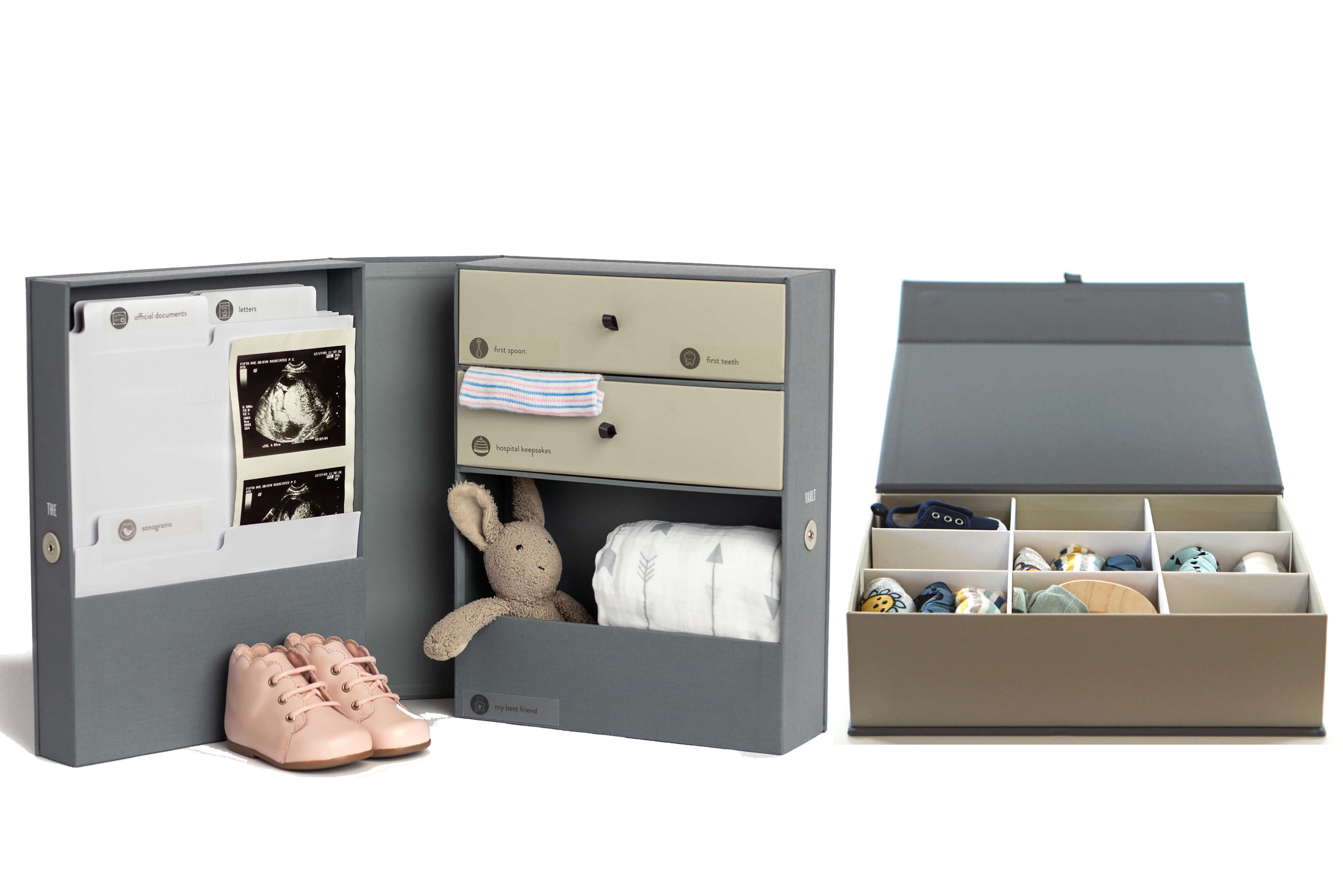 open slate baby vault keepsake box propped next to an open slate overflow box also propped.