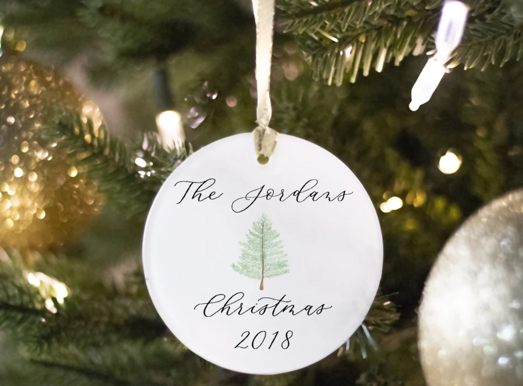 christmas ornament with a tree personalized