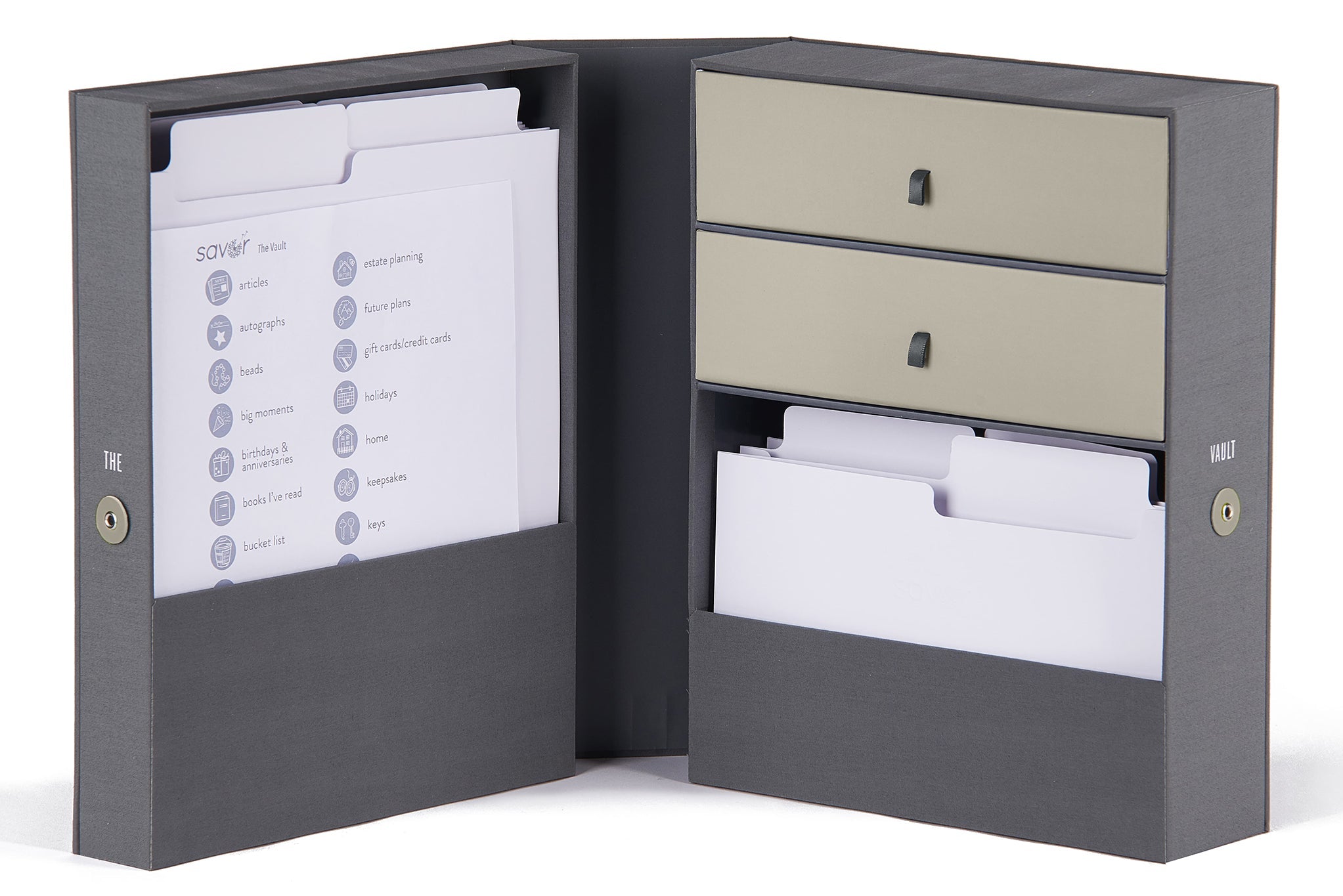 open slate baby vault keepsake box, with folders and labels.