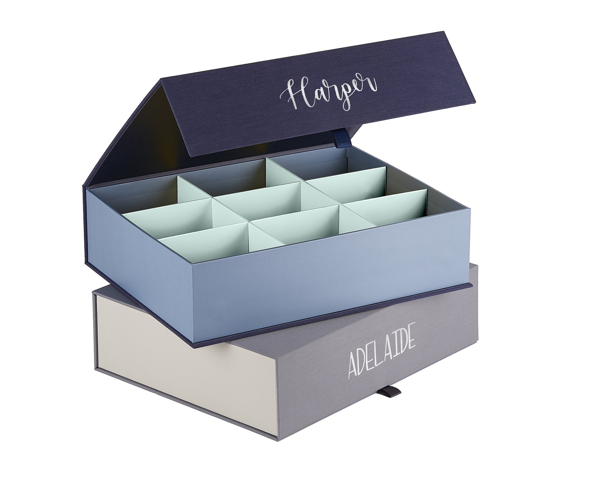open something blue overflow box personalized with harper on a closed slate overflow box personalized with adelaide 